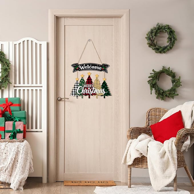 Merry Christmas Wreath Hanging Sign For Front Door, Wooden Welcome Sign With Christmas Tree For Festive Office Rustic Farmhouse Wall Window Decoration (Tree)