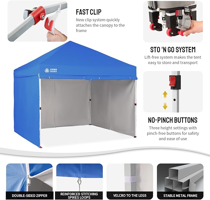 CROWN SHADES 10X10 Comercial Instant Canopy Pop Up Tent with Center Lock (10x10 with 4 Sidewalls, Blue)