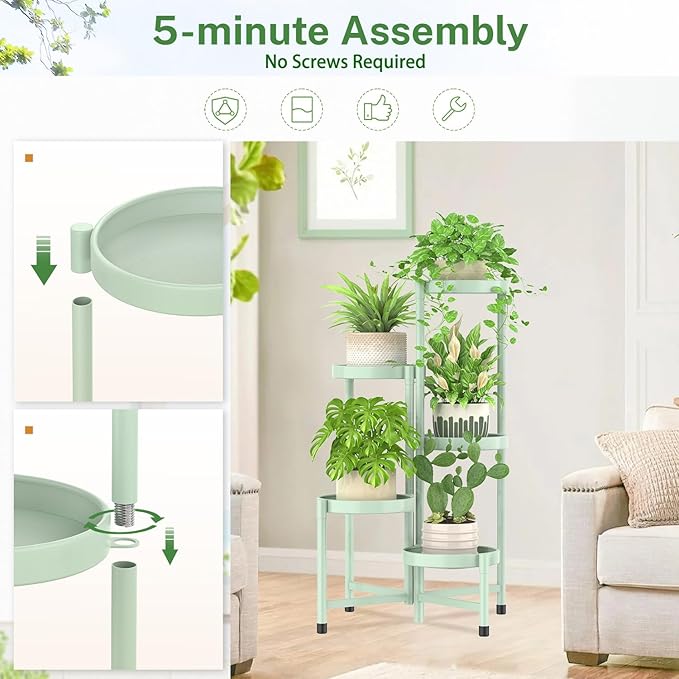 iDavosic.ly Plant Stand Indoor Outdoor, 5 Tier Corner Metal Flower Display Holder Shelf, Easy Assembly Folding Tall Orchid Rack for Patio Balcony Porch Garden Living Room House, Light Green