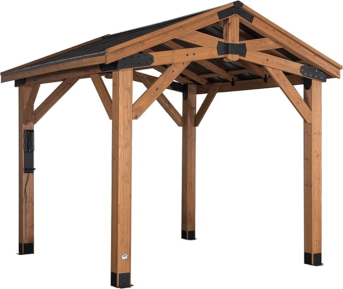 Backyard Discovery Norwood 10' x 10' Cedar Wood Outdoor Gazebo Pavilion with Hardtop Galvanized Steel Peak Roof, Snow Support, Wind Resistance, PowerPort, Shade for Garden, Patio, Deck, Entertaining