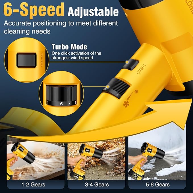Leaf Blower Cordless, Handheld Leaf Blower with 2 Battery and Charger, 6 Speed Modes, Lightweight Blower for Patio, Lawn, Yard, Dust, Blowing Leaves,Yellow