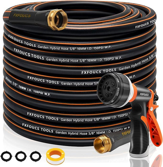 Heavy Duty Garden Hose ? 5/8 Inch Flexible, Lightweight Hybrid Hose with 600 PSI Burst Pressure, Swivel Handle, and Durable Copper Male/Female Fittings (Black with hose sprayer, 100FT)
