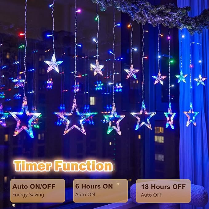 Vigdur Star Curtain String Lights, 12 Stars 138 LEDs Star Window Lights with Remote & 8 Flashing Modes Christmas String Lights for Christmas Wedding Party Home Decorations(8.2FT)