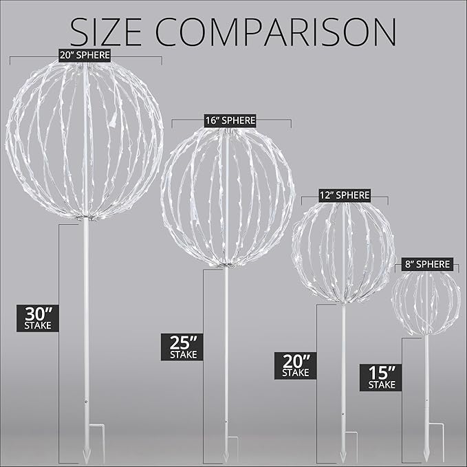 Wintergreen Lighting LED Light Ball – Indoor/Outdoor Christmas Light Balls, Light Spheres Outdoor/Sphere Light Fold Flat Metal Frame (16, White Frame/Cool White Lights)