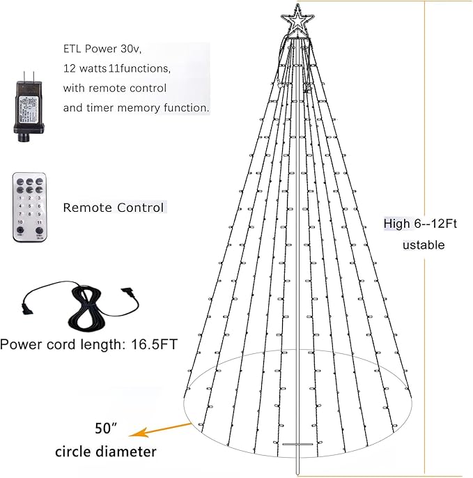 Fairyrain 12Ft Outdoor Lighting Christmas Tree Lights Cone Tall Star Topped Artificial Christmas Trees Arbol de Navidad Outside Decor for Xmas New Year Holiday Multicolor/WarmWhite
