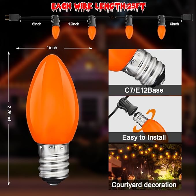 25ft Halloween LED String Lights, 25 C7 Ceramic Orange Bulbs, Energy-Efficient, Waterproof & UL Certified for Outdoor/Indoor Decoration, Spooky Halloween Party Lights with Spare Bulbs