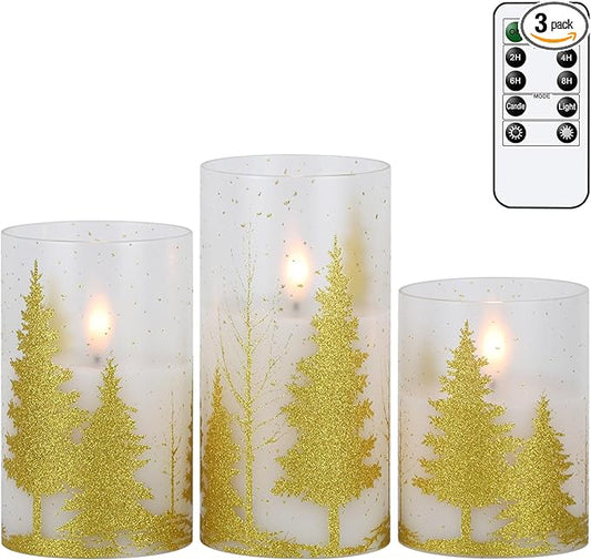 Wondise Glass Flickering Flameless Candles with Remote and Timer, Battery Operated 3D Wick LED Candles Christmas Tree for Christmas Holiday Home Decoration, Set of 3(D3 x H4,5,6 Inch)