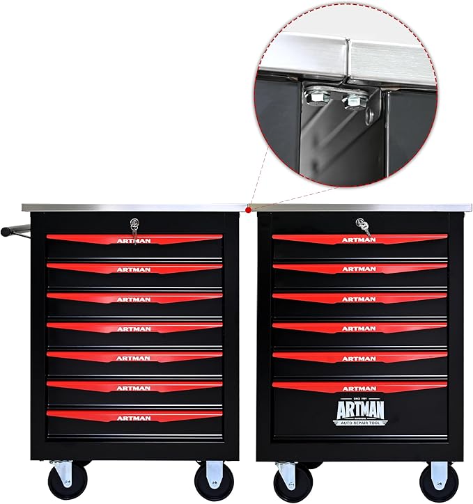 RYH 4/5/6/7 Drawers Rolling Tool Chest -Heavy Duty Mobile Metal Tool Box with Locking Wheels, with Stainless Steel Worktop, Garage Tool Storage Cabinet (Black, 7-Drawers 30.7 H¡¿22.2 W)