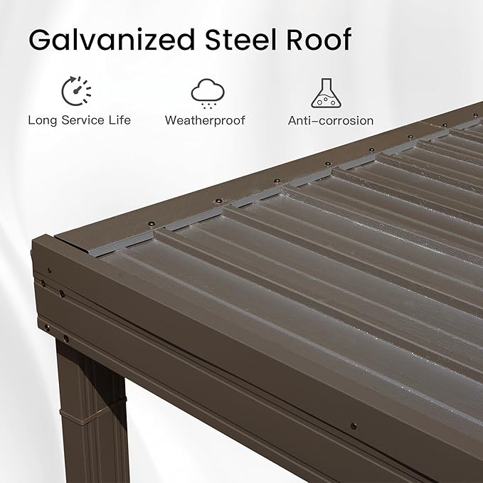 Domi 10' x 10' Lean to Gazebo, Wall Mounted Gazebos Pergola with Built in Drainage System, Galvanized Steel Roof, Hardtop Patio Shelter for Deck, Porch, Backyard and More,Brown