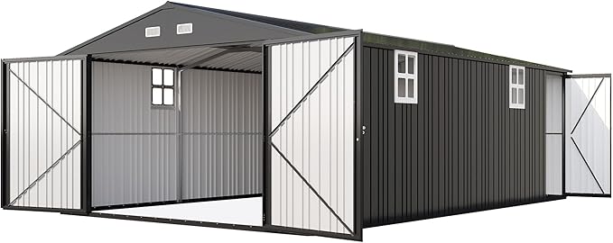 AMERLIFE 10x21x7.3 FT Outdoor Metal Garage Shed, Extra Large Storage Shed with Double Hinged Doors & 4 Windows, Carport for Car, Midsize SUV and Equipment Storage, Dark Gray