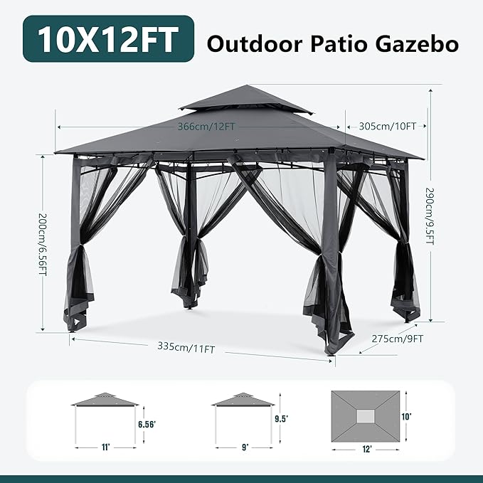 MASTERCANOPY Outdoor Garden Gazebo for Patios with Stable Steel Frame and Netting Walls (10x12,Dark Gray)