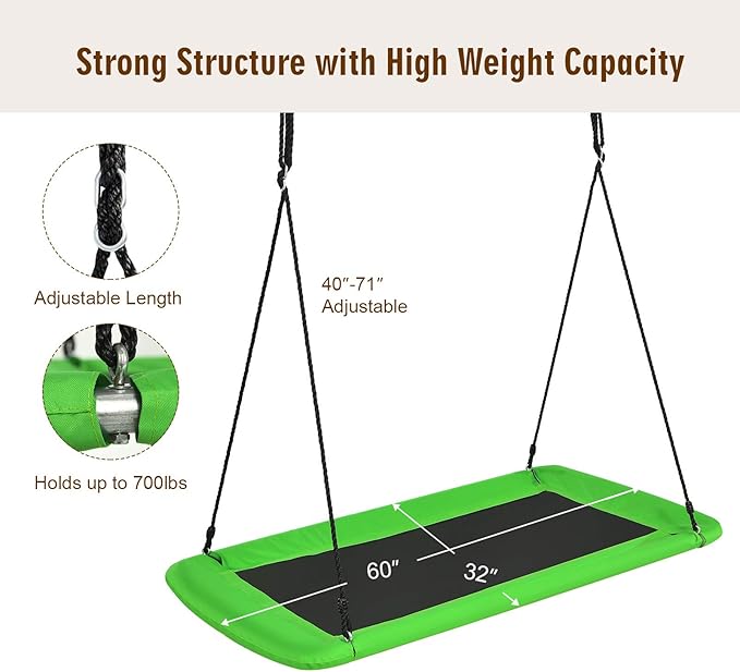 Costzon 700lb Giant 60'' Platform Tree Swing for Kids and Adults, Wear- Resistant Indoor/Outdoor Rectangle Swing with Durable Steel Frame and 2 Hanging Straps for Porch, Backyard (Green)