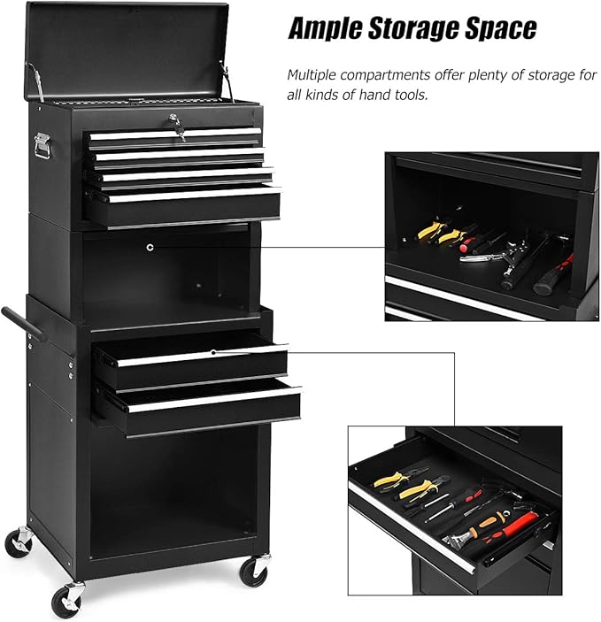 S AFSTAR 6-Drawer Rolling Tool Chest, High Capacity Tool Storage Cabinet with Wheels and Locking System, Removable Toolbox Organizer with Sliding Drawers (Black)