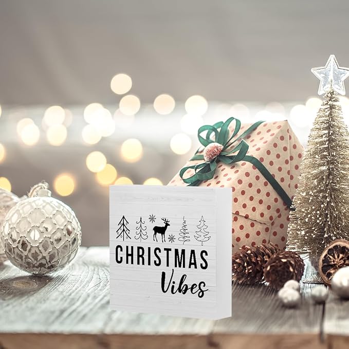 Christmas Sign Christmas Tree Elk Decor Christmas Vibes Sign Christmas Decorations Indoor Winter Desk Accessories Decorations for Table Home Shelf Office Gifts for Women 5 X 5 Inch