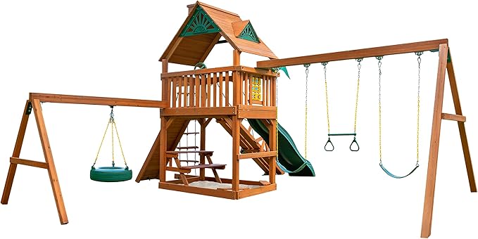 Gorilla Playsets 01-0004-AP Frontier Wood Swing Set with Wood Roof, Tire Swing, Two Belt Swings, Picnic Table, Sandbox, Rock Climbing Wall, Amber