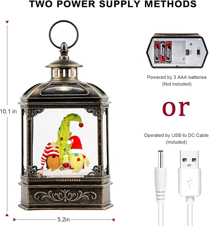 Christmas Snow Globe Lantern Water Glittering Gnomes Scandinavian Santa Elf with Whimsical Christmas Tree, Lighted Lantern for Christmas Festival Decoration Gifts