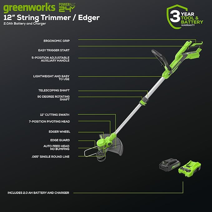 Greenworks 24V Cordless String Trimmer/Edger (Gen 2), 12 Cutting Width, Ultra-Light 6 lbs Design, with 2.0Ah Battery & Charger Included