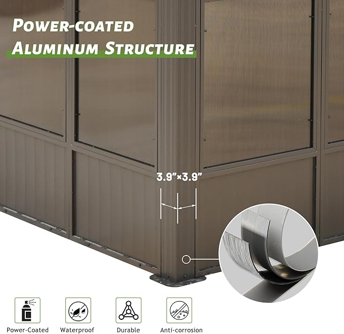 8x12FT Wall Mounted Sunroom Kit with 3 Sliding Double Doors (Front and 2 Sides), Patio Small Solarium All Season, Enclosed Lean to Gazebo with Galvanized Steel Roof and PC Windows for Backyard