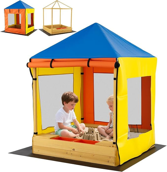 Costzon Kids Wooden Sandbox with Canopy, Outdoor Fir Wood Playhouse with Bottom Liner, Roll-up Door Curtains, Bench Seats & Storage Space, Sand Playground for Garden Backyard (Yellow&Blue)
