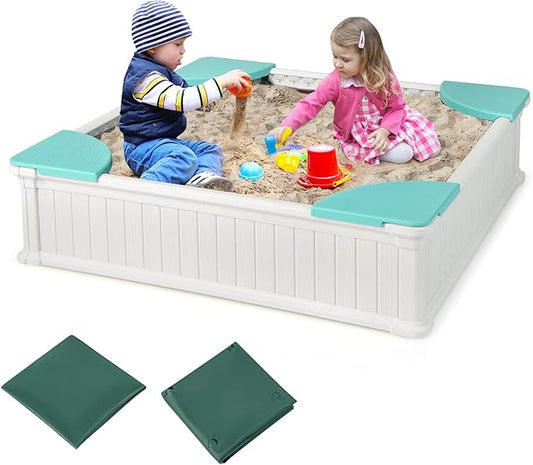Costzon Kids Sandbox with Cover, 4ft x 4ft HDPE Sandpit with Oxford Cover, Bottom Liner, 4 Corner Seats, Weather Resistant Outdoor Sand Pit for Backyard Lawn Garden Beach (White)