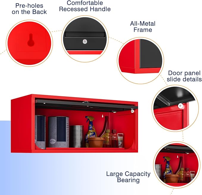 Yizosh Metal Wall Cabinet with Doors, Wall Mounted Storage Cabinet, Floating Tool Cabinet for Kitchen, Basement, Warehouse (Red Black, 13.7 H)