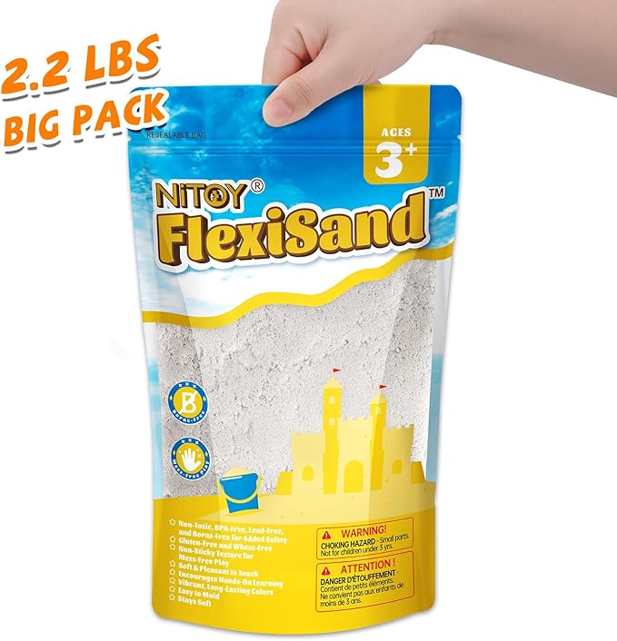 NiToy FlexiSand Value Pack 11lbs of Moldable Self-Sticking Sand, Never Dries Out-Fun for 3 Years and Up Kids Bulk Refill for Sensory Sand Box Toys, Ideal for Shaping, and Molding (White)