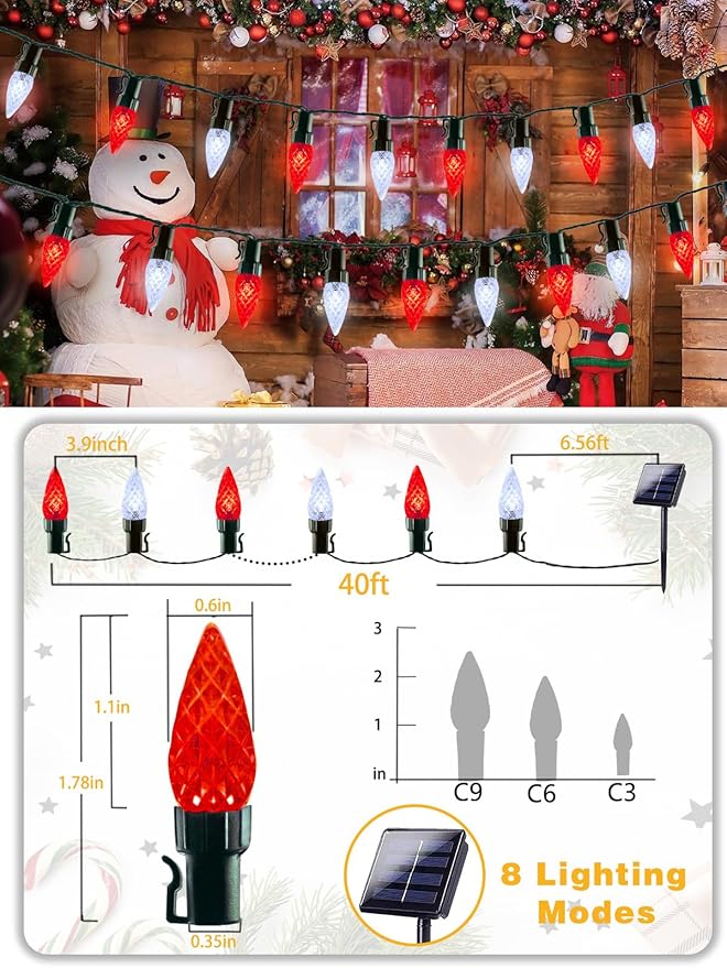 C6 Solar Christmas Lights Outdoor, 100 LED 33FT Christmas Decorations Outdoor Waterproof, Solar String Lights for Outside with 8 Modes, Fairy Twinkle Light for Tree Garden Yard Decor (Red and White)