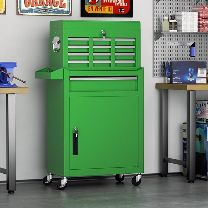 Crownland 5-Drawer Rolling Tool Chest with Wheels, Lockable 2 in 1 Detachable Tool Cabinet wit Drawers and Black Liners, Garage Top Toolbox & Bottom Storage Cart with Side Hooks(Green)