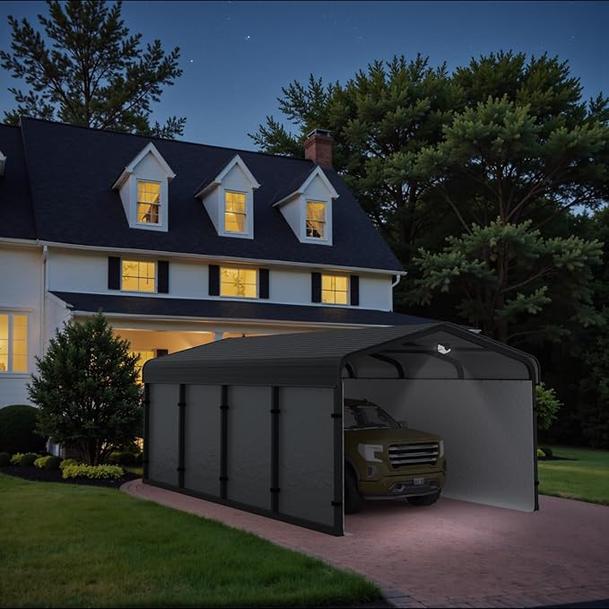 12x20 Metal Carport, Galvanized Steel Roof Car Port with Remvoable Polyethylene Sidewalls