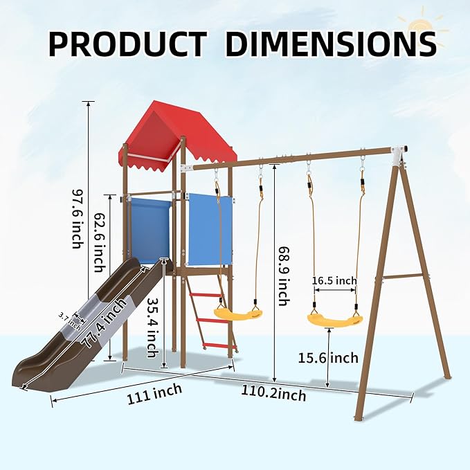 Beach Swing Set for Outdoor Playset with Slide, – Durable and Safe Outdoor Play Equipment with Swing Set and Belt Swings, Rock Climbing Ladder & Shaded Fort