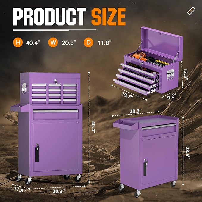 Crownland 5-Drawer Rolling Tool Chest with Wheels, Lockable 2 in 1 Detachable Tool Cabinet wit Drawers and Black Liners, Garage Top Toolbox & Bottom Storage Cart with Side Hooks(Purple)