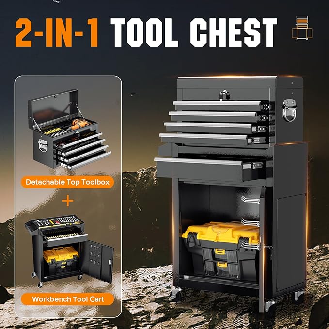 Crownland 5-Drawer Rolling Tool Chest with Wheels, Lockable 2 in 1 Detachable Tool Cabinet wit Drawers and Black Liners, Garage Top Toolbox & Bottom Storage Cart with Side Hooks(Black)