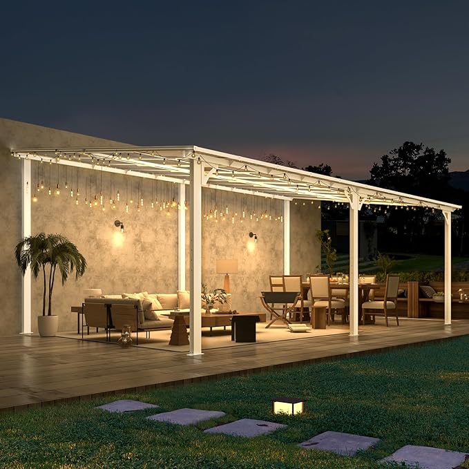 AECOJOY 20' x 12' Gazebo in White, Large Wall Mounted Gazebos on Clearance, Outdoor Patio Lean to Gazebo Metal Awnings for Decks,Patio, Porch, Backyard and More