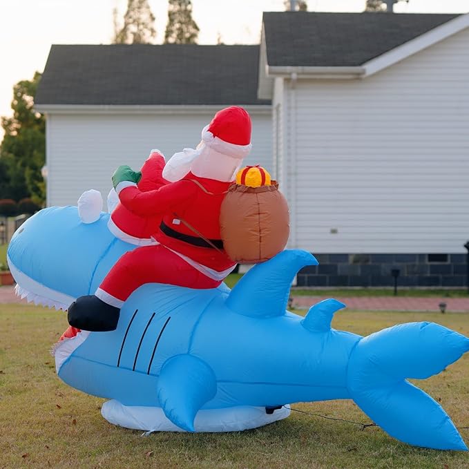 Christmas Inflatables Outdoor Decorations, 8.5 FT Funny Inflatable Santa Riding Shark, Christmas Blow Ups Yard Decor Outdoor Indoor Garden Lawn, Xmas Decor