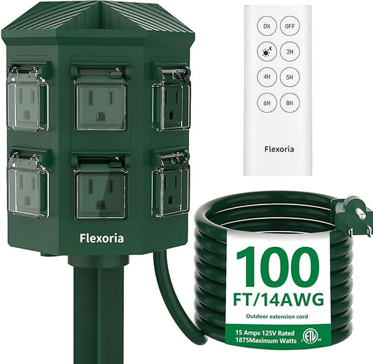 Outdoor Power Stake Timer, Remote Control Dusk to Dawn Light Timer, 100 FT Extension Cord Waterproof, 6 Grounded Outlets for Outdoor Christmas Decorations, ETL Listed