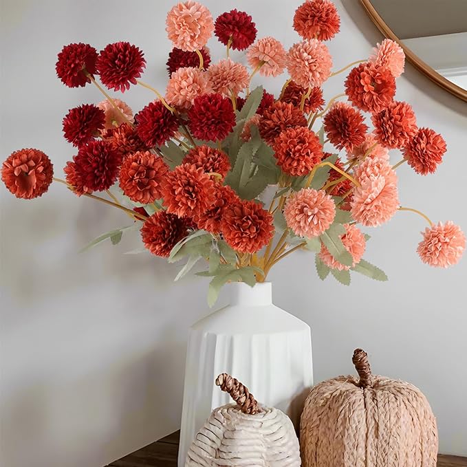 Hananona 12 Pcs Artificial Chrysanthemum Flowers, Orange Kiku Pom Pom Mums Flower Faux Fall Floral for Autumn Halloween Kitchen Table Centerpiece Home Decor (12, Burgundy, Burnt Orange, Deep Peach)