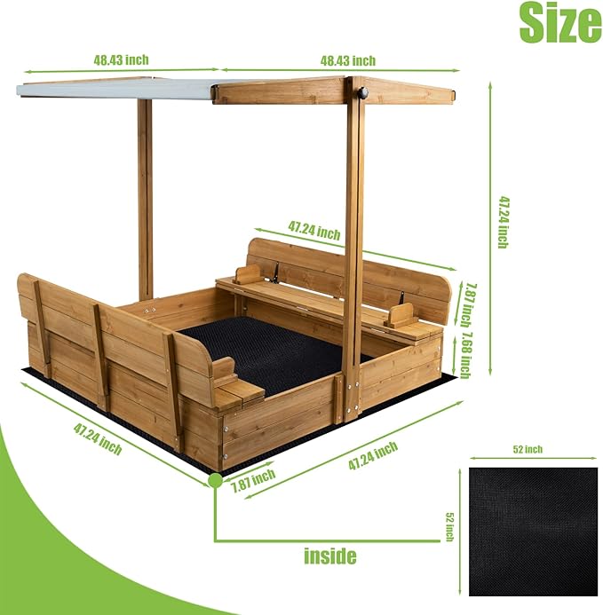 Wooden Sandbox with Lid, Kids Sandbox with Canopy Outdoor, Sandboxes with Covers Foldable Bench Seats for Backyard, UV-Resistant & Adjustable Height Roof, Gift for Ages 2-8 (47x47in)