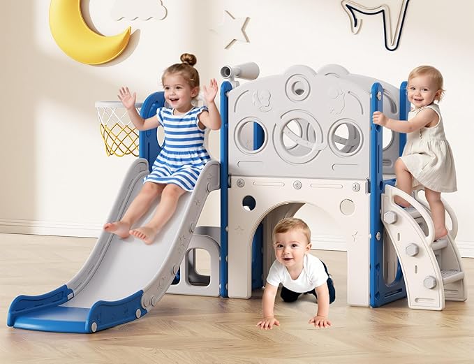 Babytronic Toddler Slide, 8 in 1 Kids Slide with Basketball Hoop, Telescope and Climber, Baby Slide Toddler Playground, Indoor Outdoor Playset for Toddlers Age 1-3, Kids Indoor Playground (Blue&Gray)