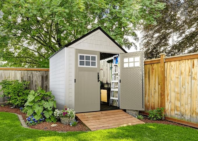 Rubbermaid 7 Foot by 7 Foot Weatherproof Outdoor Storage Shed for Garden Tools and Lawn Machinery Organization with Lockable Double Door Sandstone