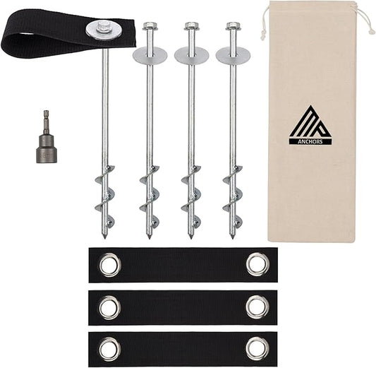 Trampoline Anchors High Wind Heavy Duty 12" Set of 4/6/8 with Straps, Drill Bit - Trampoline Anchor Kit - Trampoline Stakes Anchors High Wind - Ground Anchors - Trampoline Wind Stakes - Ground Stakes