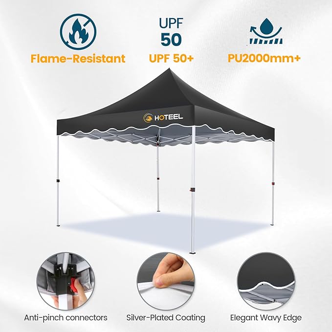 HOTEEL 10×10 Pop Up Canopy, Outdoor Canopy with 1-Person Setup, Height-Adjustable, for Weddings, Camping, Parties, Bonus 4 Wind Ropes + 8 Ground Spikes + 4 Sandbags (Black)