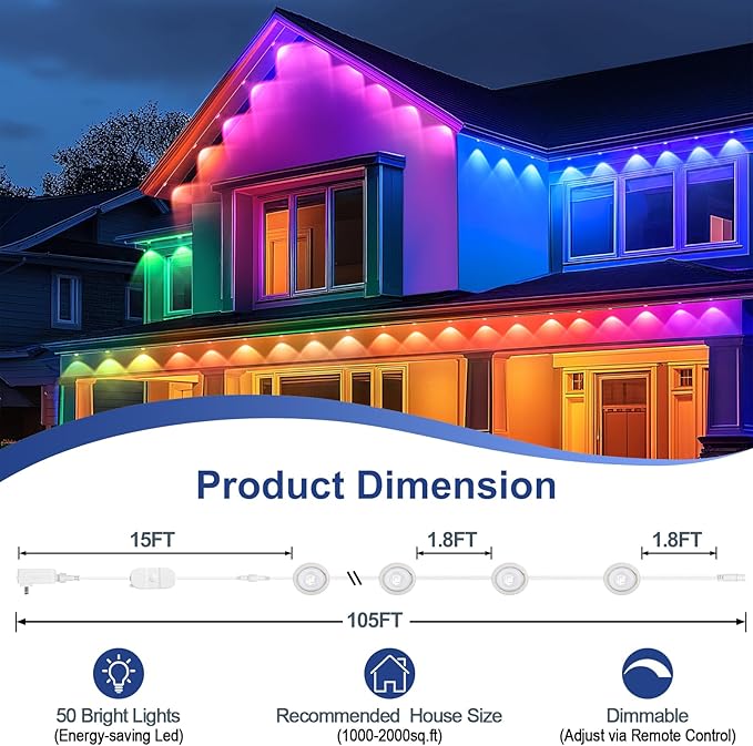 Brightever Permanent Outdoor Lights, 105FT Smart RGBIC Outdoor Christmas Light with 50 LED Eaves Lights, 90 Scene Modes, IP65 Waterproof Outdoors Decorations for House, Garden, APP/Remote Control