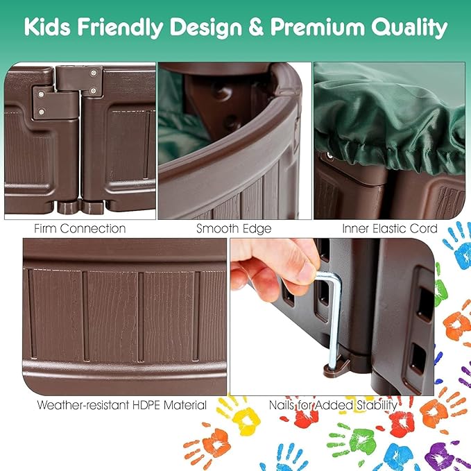 Costzon Round Kids Sandbox with Cover, HDPE Sand Pit w/Detachable Built-in Seating & Bottom Liner for Backyard, Garden, Beach, Lawn, Outdoor Sand Box for Kids Age 3+