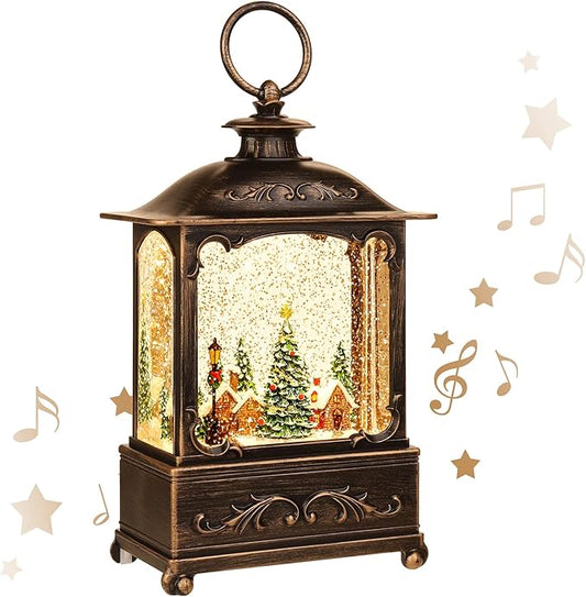 Christmas Village Snow Globe Lantern,Christmas Decorations Indoor Water Lantern Swirling Glittering with Music & Timer, USB/Battery Operated Lighted Lanterns for Home Decor Gifts (Forest House)