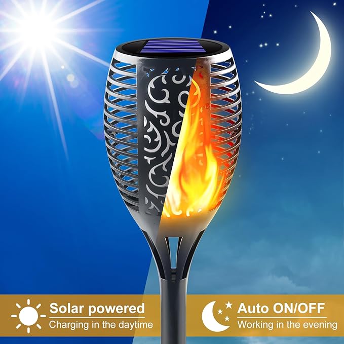 Large Solar Torch Light with Flickering Flame, Upgraded Ultra-Bright Solar Outdoor Lights, Waterproof Landscape Decorations Lighting Security Tiki Torches for Garden Yard Pathway (4 Pack)