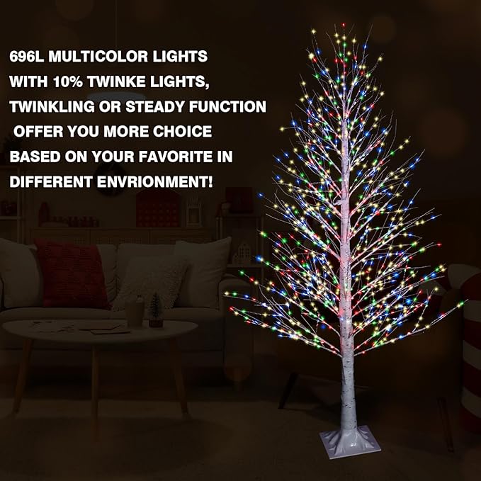 6FT 696LED Christmas Birch Tree Multicolor Lights with Twinkle, Twinkling or Steady Function for Selected, Birch Tree with Led Lights for Indoor Outdoor Home Party Decorations