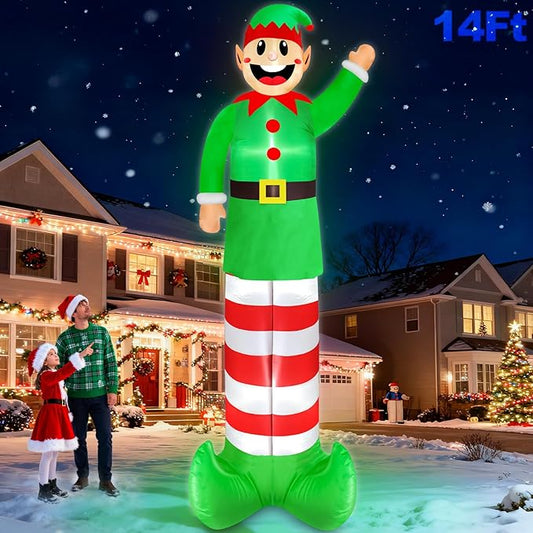 14 Ft Super Tall Christmas Inflatable Elf, Christmas Inflatables Decoration Outdoor Blow Up Giant Santa Elf with Built-in LED Lights Inflatable Christmas Decoration for Yard Outside Garden Lawn