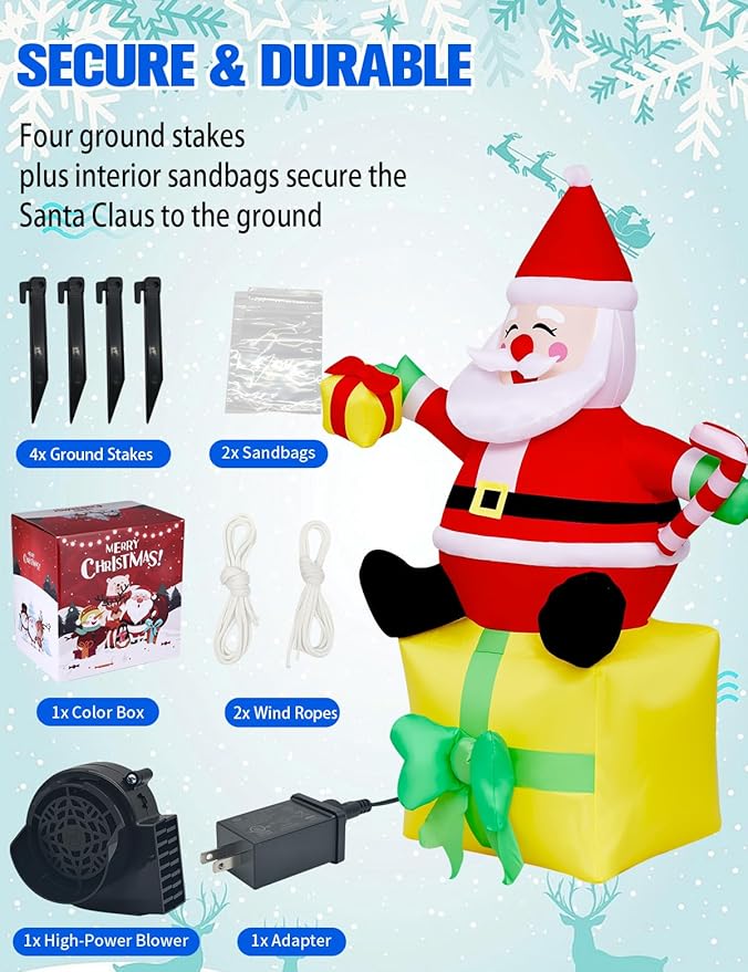 6FT Christmas Inflatables Outdoor Decorations,Inflatable Santa Claus Sitting on Gift Box Build-in LED Light-Christmas Blow Up Yard Decorations for Holiday Garden Lawn Yard Patio