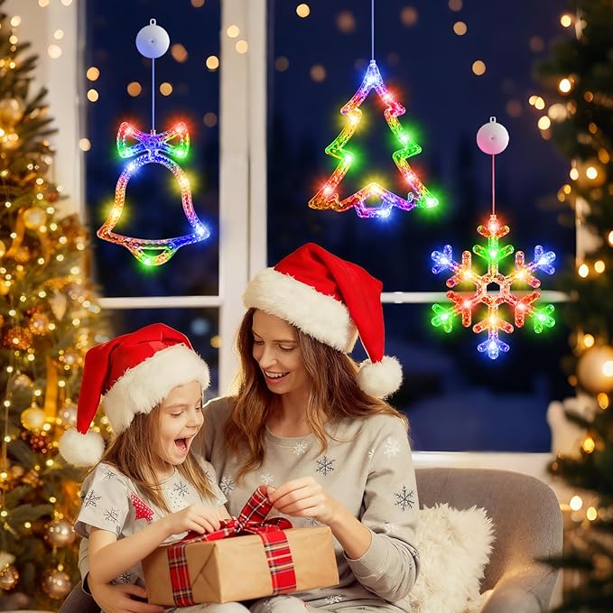 3Pack Christmas Window Lights Decorations with Timer,Battery Powered Christmas Hanging Multicolor Lighted Snowflake Tree Bells Shaped LED Sucker for 2026 Xmas Tree Fireplace Indoor Decor