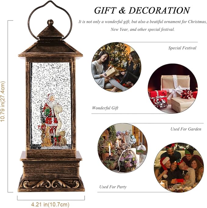 Musical Rotating Christmas Snow Globe Lantern with Santa Claus - Lighted Sparkling Water Lantern with 8 Festive Songs & Timer, Indoor Christmas Decorations for Home/Party